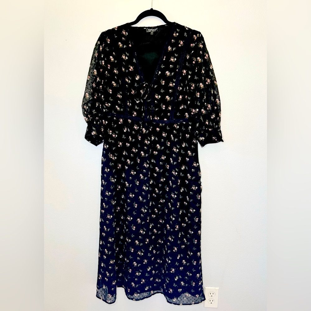 Topshop Black Floral Midi Dress Sheer Sleeves - Picture 2 of 4